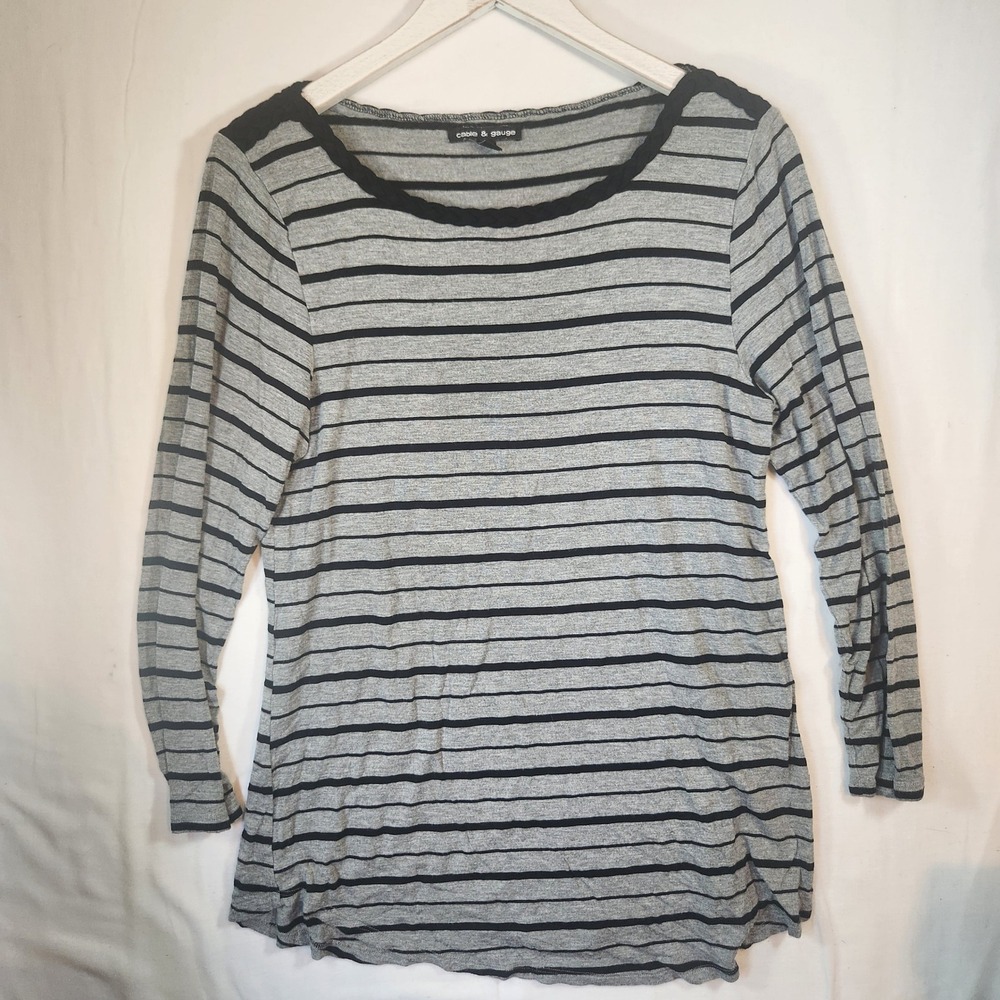 Cable & Gauge Womens Grey Black Striped Braided Neck Long Sleeve Top Large